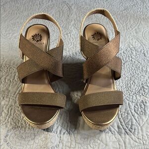 Yellow Box Brown Wedge Sandals with Crisscross Straps